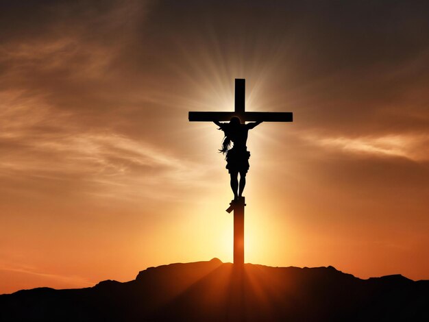 Photo silhouette de jésus avec croix sur le calvaire ai généré