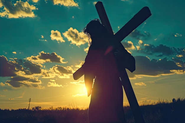 Silhouette de Jésus portant la croix au coucher du soleil le Vendredi Saint