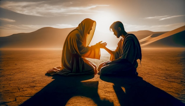 Photo silhouette de jésus touchant la main d'un homme et le guérissant