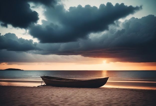 Silhouette d'une jetée en bois et d'un petit bateau sur une plage au coucher du soleil avec des nuages sombres dans le ciel