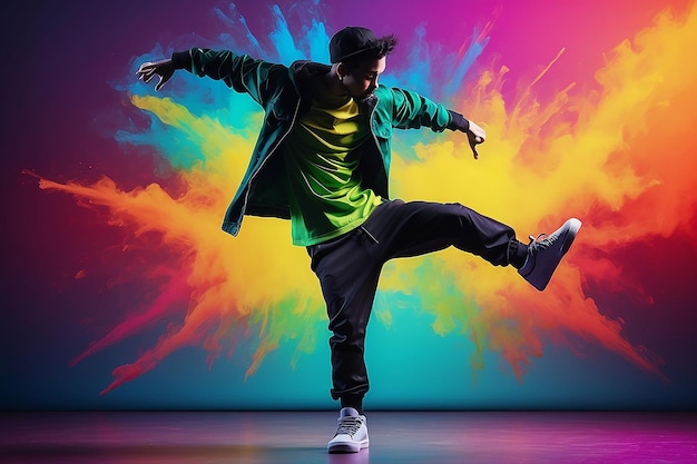 La silhouette d'un jeune break-dancer de hip-hop dansant sur un fond coloré