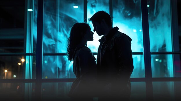 Silhouette d'un jeune couple amoureux sur le fond de la ville nocturne Concept Journée nationale des câlins