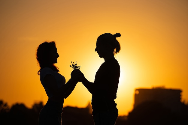 Silhouette de jeune couple au coucher du soleil.