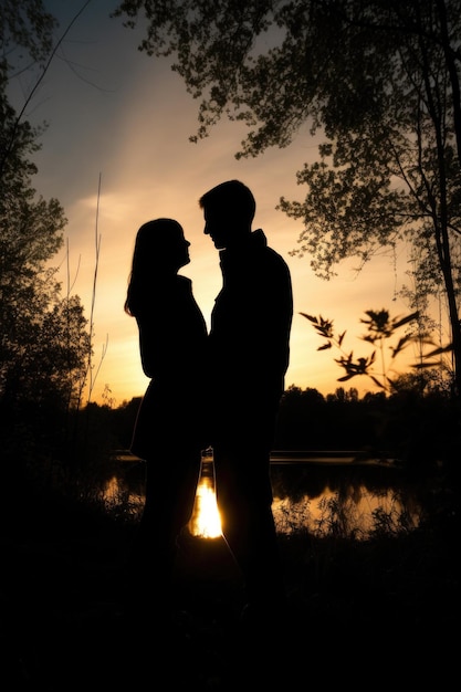 Silhouette d'un jeune couple, les bras autour de l'autre dans la nature