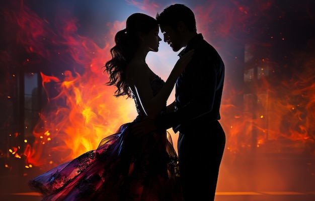 silhouette d'un jeune couple dansant dans la perspective latérale sur un fond de couleurs frappantes