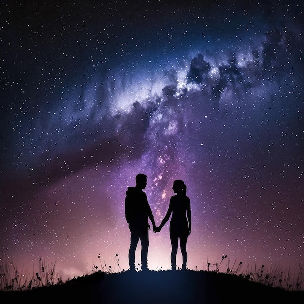 Silhouette de jeune couple sous les étoiles debout dans le pré de nuit sous la galaxie le concept sur t