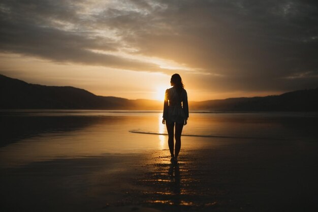 Silhouette d'une jeune femme marchant sur la plage au coucher du soleil