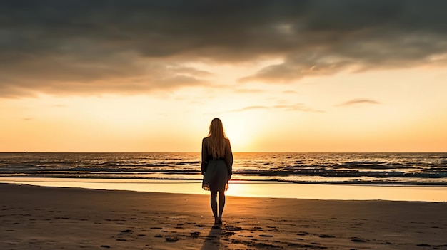 Silhouette de jeune femme marchant seule sur une plage au coucher du soleil Generative AI