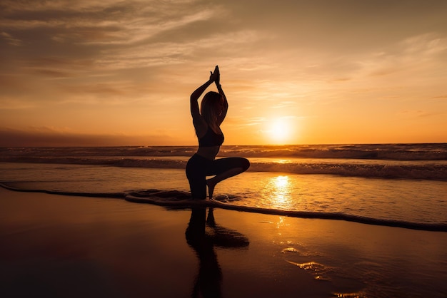 Silhouette d'une jeune femme pratiquant le yoga sur la plage au coucher du soleil AI générative