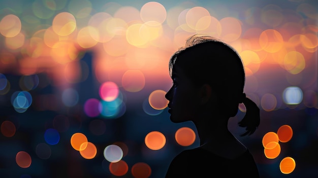 Silhouette d'une jeune femme réfléchie contre un paysage urbain de lumière bokeh au crépuscule