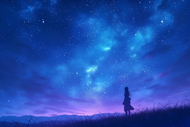 La silhouette d'une jeune fille dans le ciel étoilé, les nébuleuses, les étoiles, le bleu nocturne, le violet.