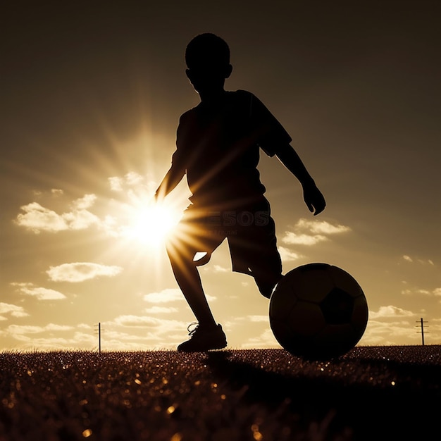 Silhouette d'un jeune garçon qui frappe un ballon de football sur un terrain