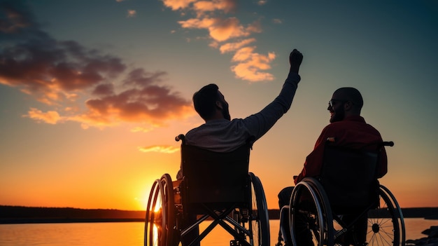 Silhouette jeune homme handicapé handicapé en fauteuil roulant a levé les mains avec son ami handicapé au coucher du soleil