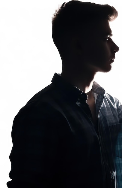 Silhouette d'un jeune homme portrait en chemise avec la main sur un fond blanc isolé en gros plan