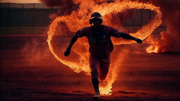 Photo silhouette d'un joueur de baseball en feu