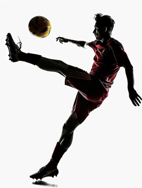 Silhouette d'un joueur de football en action qui donne un coup de pied au ballon