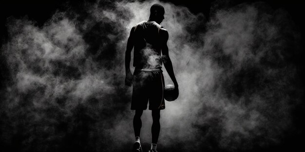 Photo silhouette d'un joueur de football debout sur un fond sombre et de la fumée