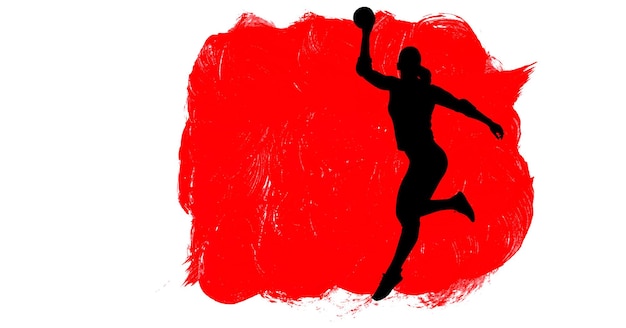 Silhouette de joueur de handball féminin contre les coups de pinceau de peinture rouge sur fond blanc