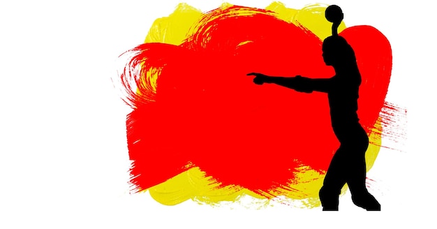 Silhouette de joueur de handball féminin contre des coups de pinceau de peinture rouge et jaune sur fond blanc