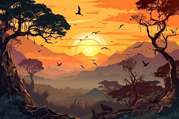 Silhouette de jungle avec des montagnes Afrique sauvage Nature sur fond doré couvert de coucher de soleil Illustration générative d'IA