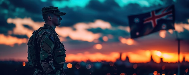 silhouette latérale complète d'un soldat australien avec une double exposition du drapeau australien en silhouette