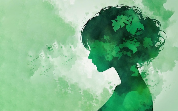 Silhouette latérale du visage d'une femme avec des feuilles vertes abstraites et de l'aquarelle verte BG