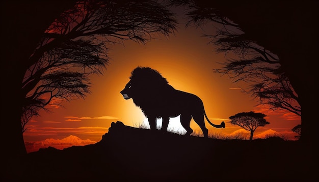 Une silhouette de lion sur une colline au coucher du soleil dans la savane AI générative