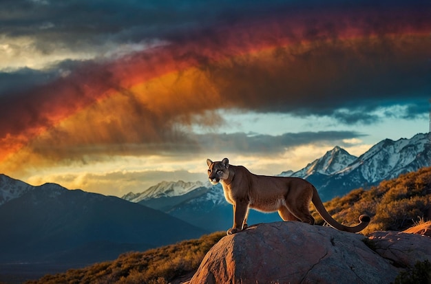 Silhouette d'un lion de montagne avec un ciel arc-en-ciel