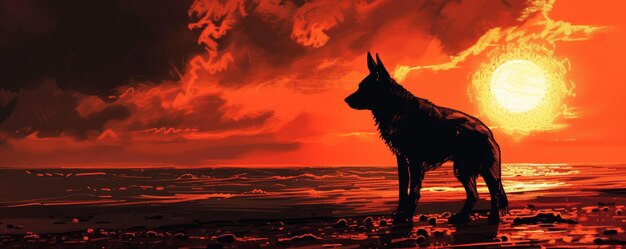 La silhouette d'un loup contre un ciel de coucher de soleil ardent