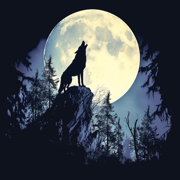 Silhouette de loup hurlant à la lune dans la forêt Pour les médias sociaux