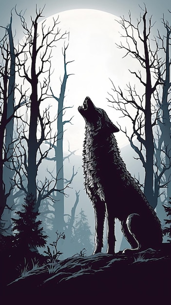 Une silhouette de loup hurlant à la lune dans la forêt