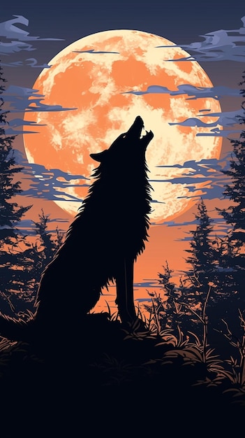 Une silhouette de loup hurlant à la lune dans la forêt