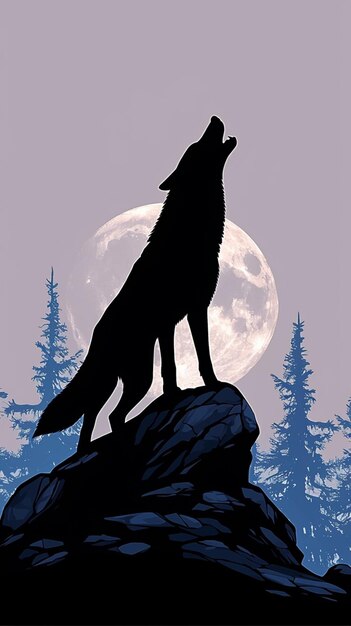 Une silhouette de loup hurlant à la lune dans la forêt