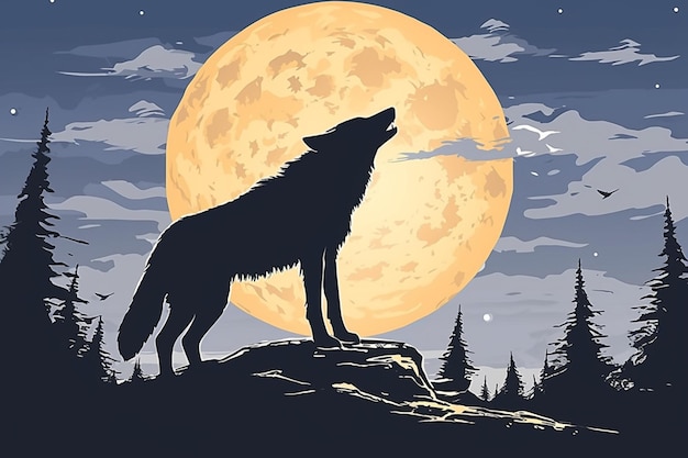 Une silhouette de loup hurlant à la lune dans la forêt.