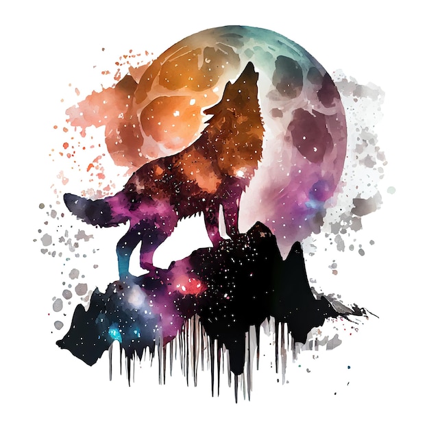 Une silhouette de loup hurlant sous une lune à deux tons