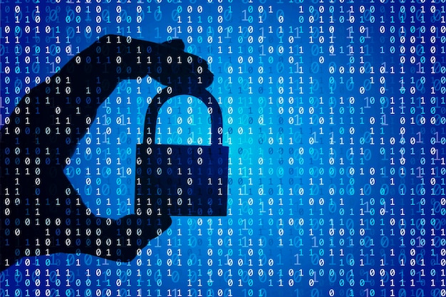 Silhouette d'une main tenant un cadenas avec code numérique binaire Sécurité et confidentialité