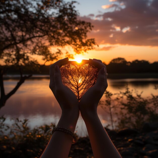 Photo silhouette de mains formant une forme de coeur avec fond de coucher de soleil