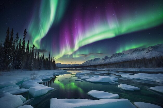 Photo la silhouette majestueuse de la montagne d'aurora se reflète dans les eaux tranquilles sous la danse hypnotisante des lumières d'aurora.