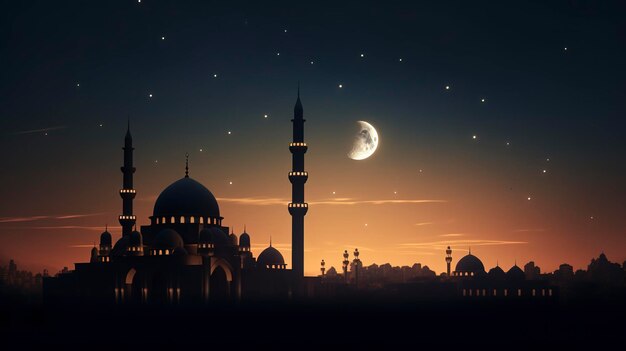 La silhouette majestueuse d'une mosquée sur un ciel au coucher du soleil avec un croissant de lune