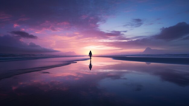 silhouette marchant sur une plage sereine au crépuscule