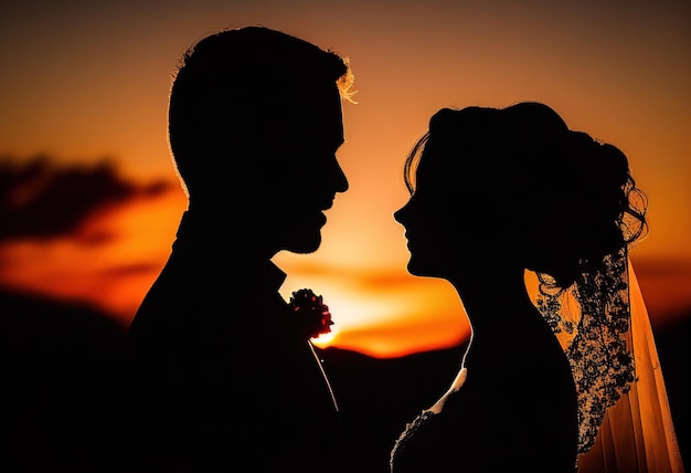 Silhouette de la mariée et du marié s'embrassant illustration AI générative