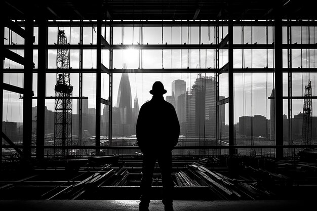 Silhouette masculine sur le fond d'un chantier de construction