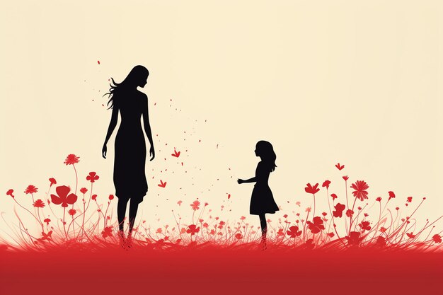 Silhouette de mère et de fille sur un pré avec des fleurs