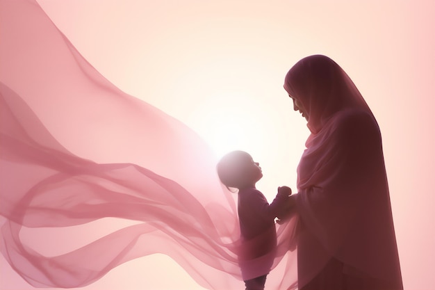 silhouette d'une mère en hijab avec son bébé en super gros plan sur un fond rose