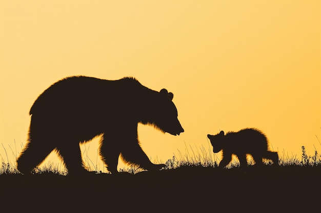 Une silhouette d'une mère ours et de son petit marchant ensemble