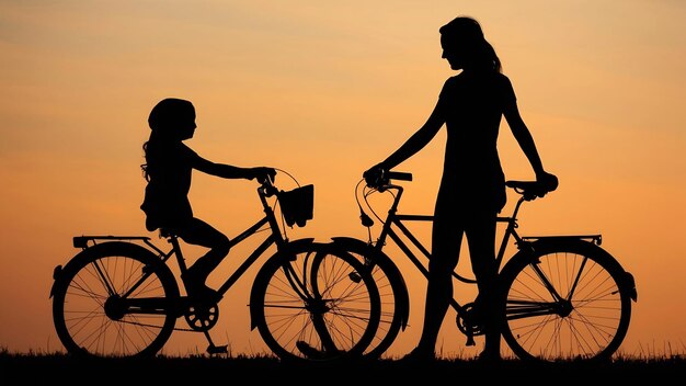 Silhouette d'une mère avec sa fille et son vélo