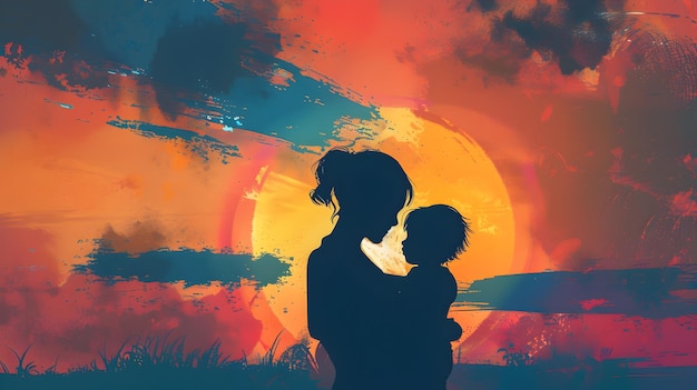 Photo la silhouette d'une mère et de son enfant dans une embrasure vibrante au coucher du soleil