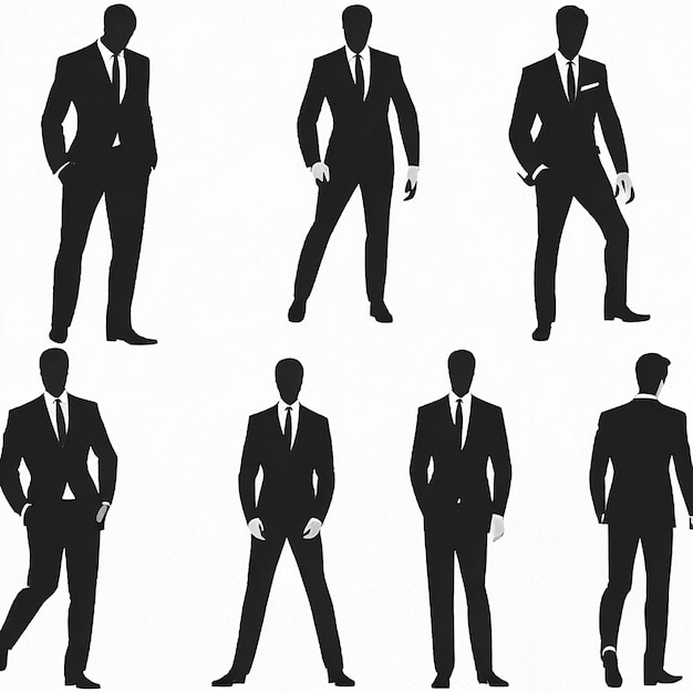 Silhouette de modèle masculin vecteur portant un costume et debout dans différentes positions