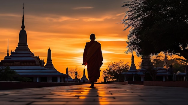 Silhouette de moine marchant au Wat Phra Kaew au coucher du soleil Bangkok Thaïlande Generative AI