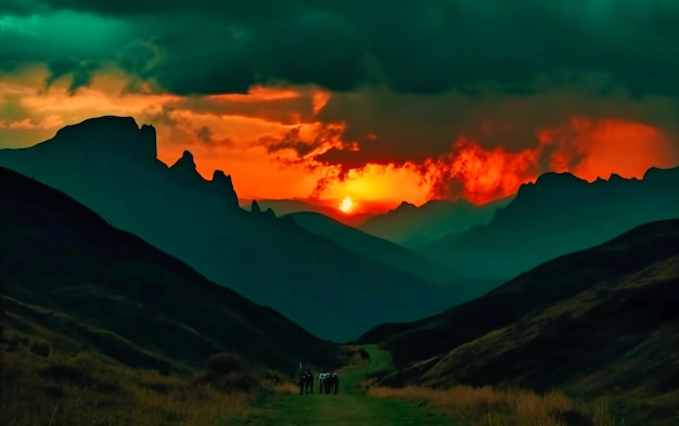 Silhouette de montagnes au coucher du soleil